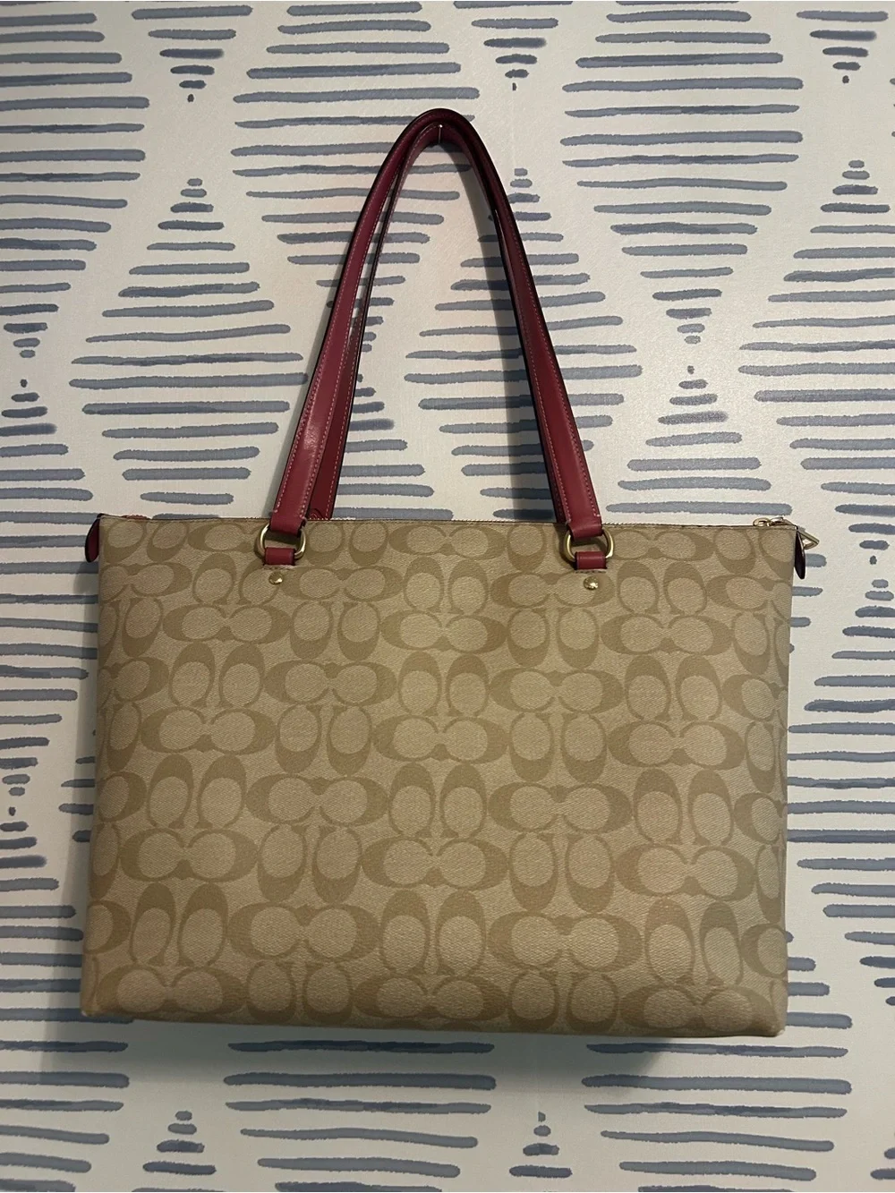 Coach Beige Signature Tote with Coral Pink Leather Trim